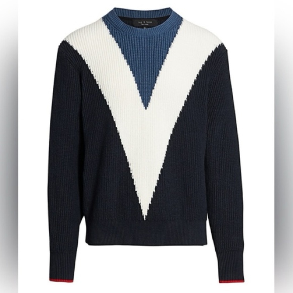 Rag & Bone Emory Intarsia Sweater Mens L Chevron Colorblock Cable Knit Cotton - Picture 5 of 15